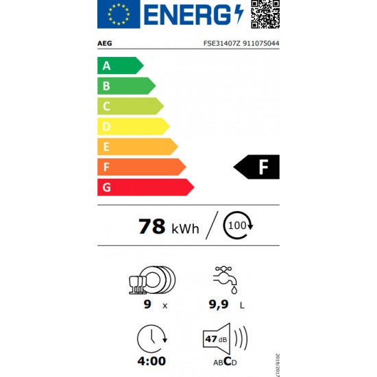 AEG FSE31407Z Πλήρως Εντοιχιζόμενο Πλυντήριο Πιάτων για 9 Σερβίτσια Π44.6xY81.4εκ. Λευκό 