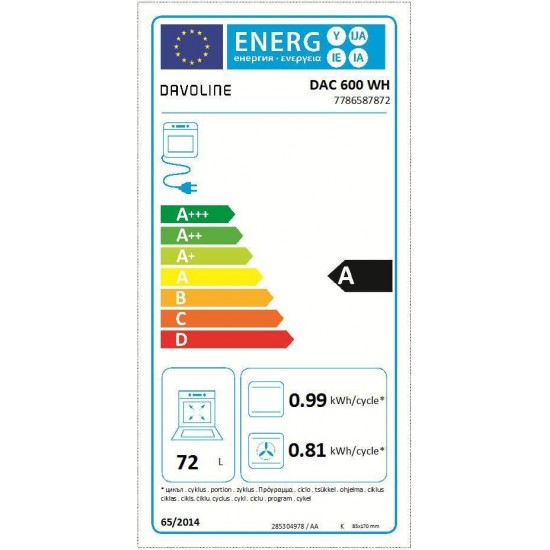 Davoline DAC 600 Κουζίνα  αερόθερμη κεραμική,72lt ,Π60εκ. Λευκή ,Λειτουργίες φούρνου 6 ,με αέρα