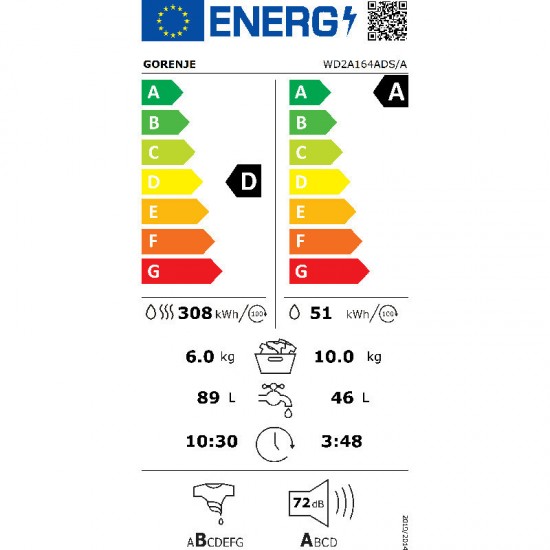 Gorenje WD2A164ADS Πλυντήριο Στεγνωτήριο Ρούχων 10kg / 6kg Ατμού 1400 Στροφές ,Power JetWash