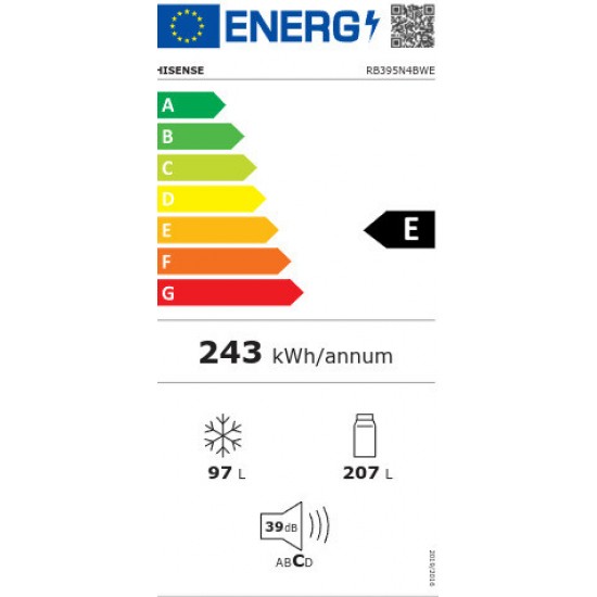 Hisense RB395N4BWE Ψυγειοκαταψύκτης 304lt   Total No Frost - Multi Air Flow Υ186cmxΠ59.5cmxΒ59cm Λευκό,