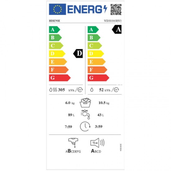 Hisense WD3S1043BW3 Πλυντήριο-Στεγνωτήριο Ρούχων 10.5kg/6kg Ατμού 1400 Στροφές με Wifi ,Steam Technology ,Jet Wash,Pause & Add  ,‘’RainDrop Drum’’ 