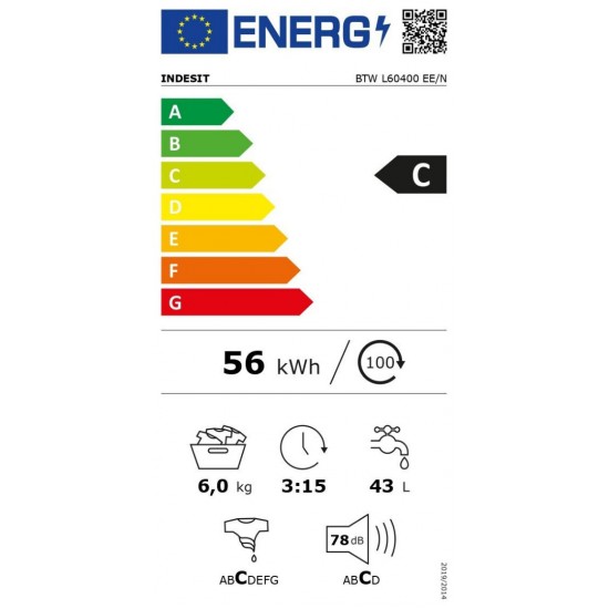 Indesit BTW L60400 EE/N Πλυντήριο Ρούχων Άνω Φόρτωσης 6kg 1000 Στροφών 