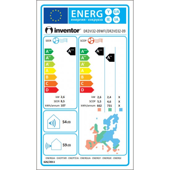 Inventor Dark DR2VI32-09WFI/DR2VO32-09 Κλιματιστικό Inverter 9000 BTU A+++/A++ με Ιονιστή και WiFi Black