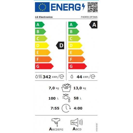 LG F4DR913P3WA Πλυντήριο Στεγνωτήριο Ρούχων 13kg/7kg Ατμού 1400 Στροφές