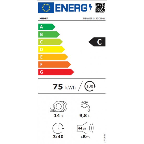 Midea MDWES1433DB-W Πλυντήριο Πιάτων Εντοιχιζόμενο 14 Σερβίτσιων,3ο ράφι και καλάθι,WIFI