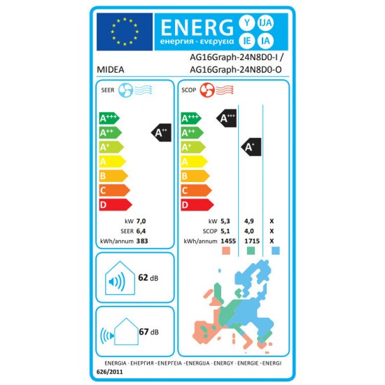 Midea Xtreme Graphite AG16Graph-24N8D0-I/24N8D0-O Κλιματιστικό Inverter 24000 BTU A++/A+ με WiFi