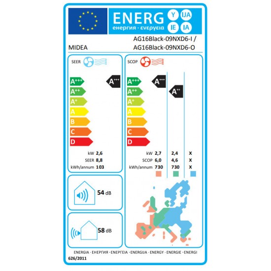 Midea Black Crystal AG16Black-09NXD6-I / 09NXD6-O Κλιματιστικό Inverter 9000 BTU A+++/A++ 