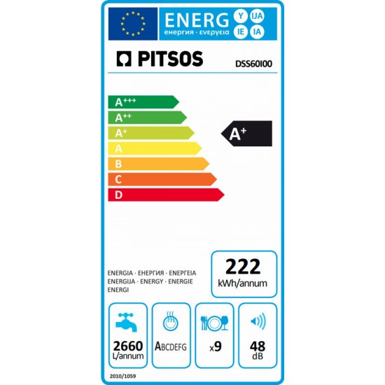 Pitsos DSS60I00 Πλυντήριο Πιάτων (45cm) 9 Σερβίτσιων Inox Α+,6 προγράμματα,Eco Motor BLDC