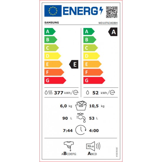 Samsung WD10T634DBH/S3 Πλυντήριο Στεγνωτήριο Ρούχων 10.5kg / 6kg, Ατμού Hygiene Steam,1400 Στροφές,Eco Bubble™,Air Wash