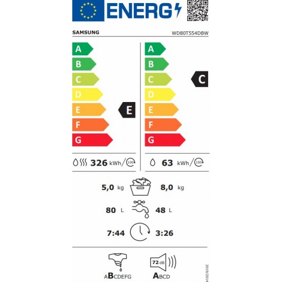 Samsung WD80T554DBW Πλυντήριο-Στεγνωτήριο Ρούχων (8/5kg) Ατμού 1400 rpm  με Wi-Fi