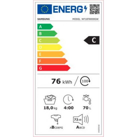 Samsung WF18T8000GW/LV Πλυντήριο ρούχων ατμού 18kg με WiFi,Eco Bubble:,Smart Control:ατμος,