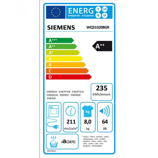 Siemens WQ31G208GR Στεγνωτήριο Ρούχων 8kg A++ με Αντλία Θερμότητας,autoDry,