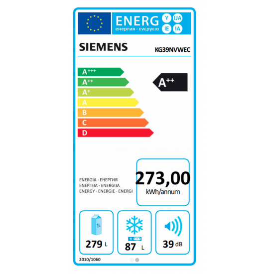 Siemens KG39NVWEC Ψυγειοκαταψύκτης (366lt) NoFrost Λευκός A++ (203x60)