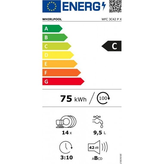 Whirlpool WFC3C42PX Πλυντήριο Πιάτων (60cm) 14 Σερβίτσιων Inox A+++,6η αίσθηση,προγραμμάτα 8,Τεχνολογία:Power Clean Pro