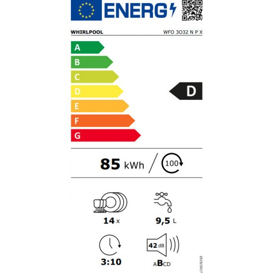 Whirlpool WFO3O32 NPX Πλυντήριο Πιάτων (60cm) Inox 14 Σερβίτσιων A+++,6th Sense ,NaturalDry,PowerClean Pro,Προγράμματα: 8 