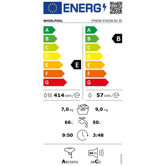 Whirlpool FFWDB 976258 BV EE Πλυντήριο-Στεγνωτήριο Ρούχων 9kg/7kg Ατμού 1600 Στροφές,Inverter,SteamCare,SoftMove