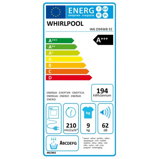 Whirlpool W6 D94WB EE Στεγνωτήριο (9kg) με Αντλία Θερμότητας A+++, SenseInverter ,Πολωνία