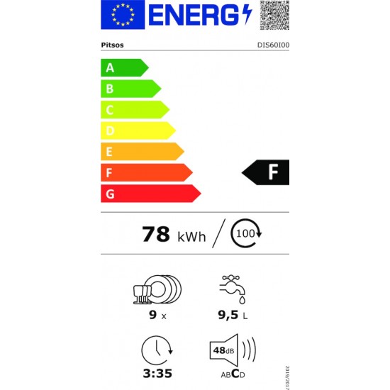 Pitsos DIS60I00 Πλυντήριο Πιάτων Εντοιχιζόμενο (45cm) 9 Σερβίτσιων Inox A+